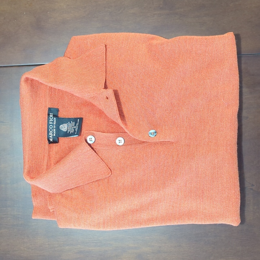 Marco Fiori Merino wool sweater M long sleeve button collar rust orange color